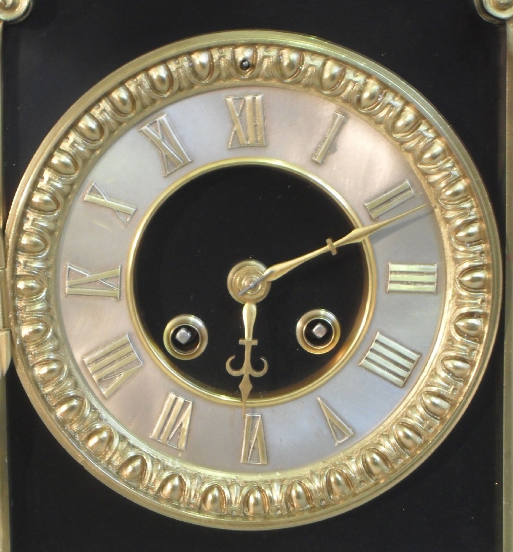 French Belle Epoque Black Slate and Marble Mantel Clock View II