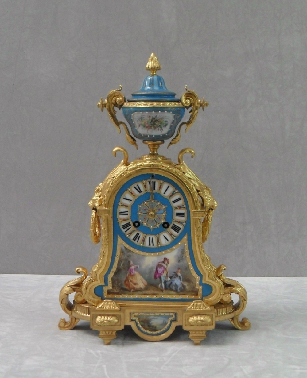 French Bronze Gilt and Sevre Panel Mantel Clock 