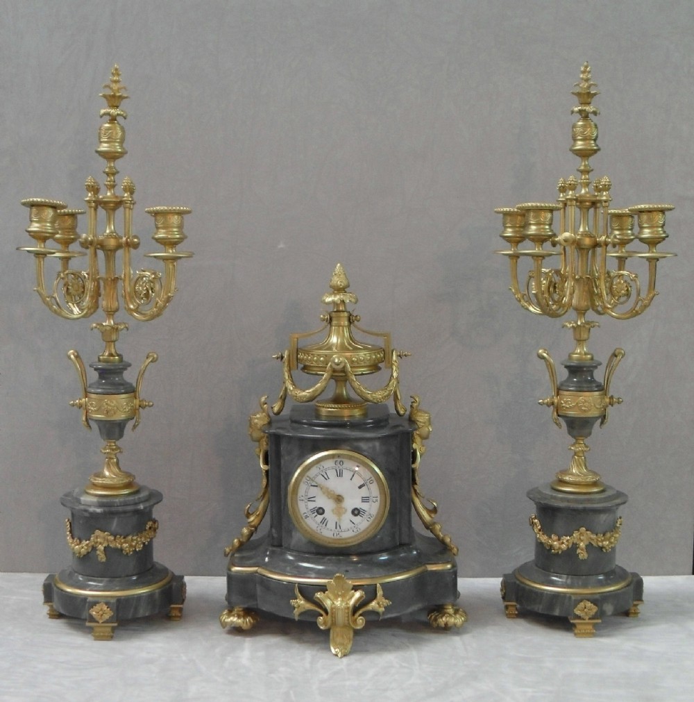 French Louis XVI Style Marble and Bronze Gilt Clock Set
