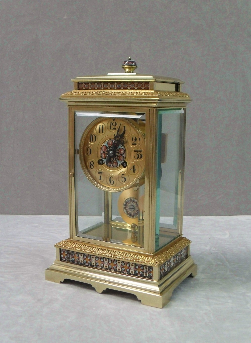 French Brass Four Glass and Champleve Mantel Clock 