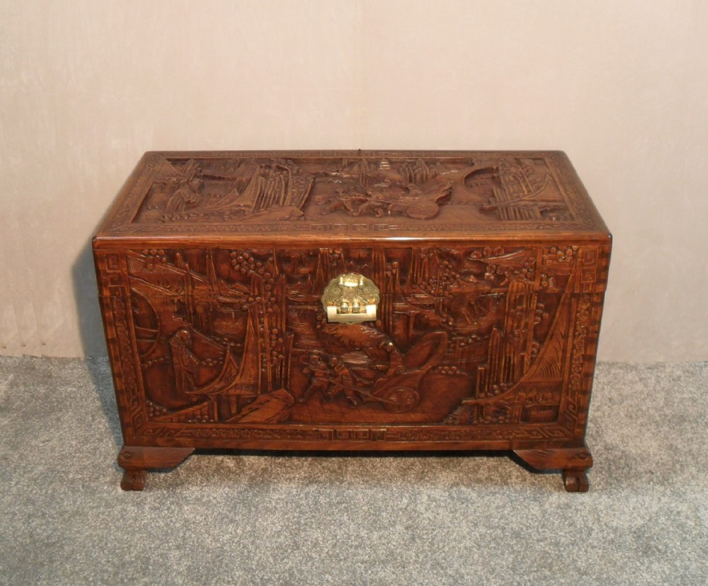 Early 20th Century Oriental Carved Camphor Wood Chest