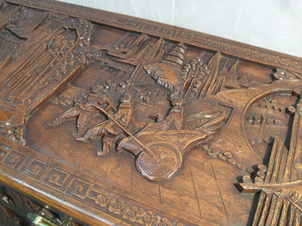 Early 20th Century Oriental Carved Camphor Wood Chest View IV