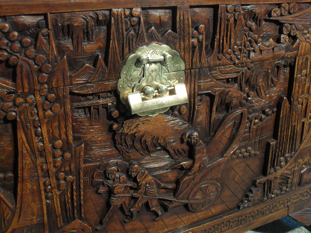 Early 20th Century Oriental Carved Camphor Wood Chest View VII