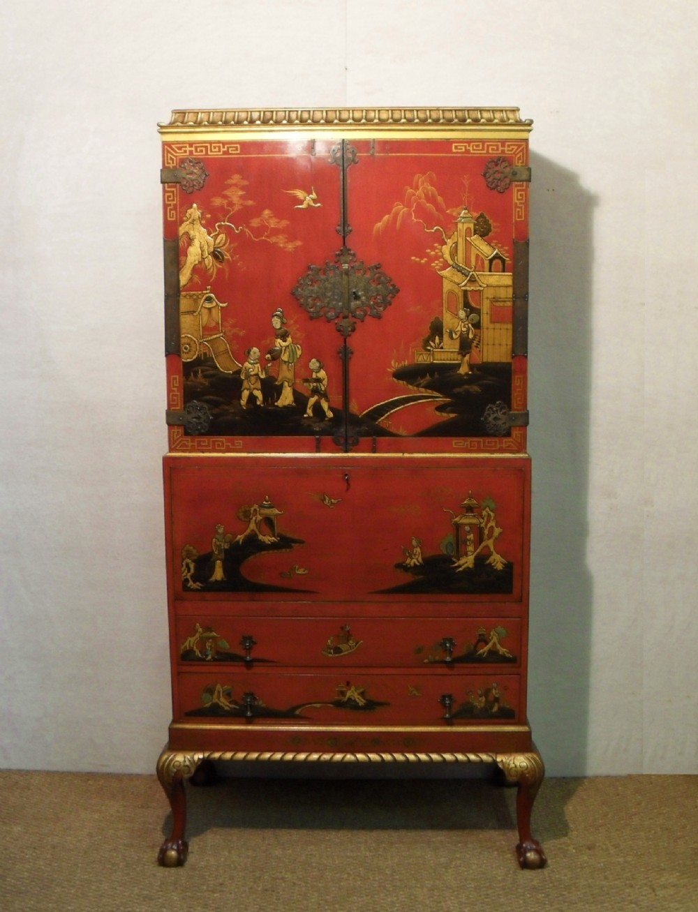 Oriental Chinoiserie Writing Cabinet On Stand