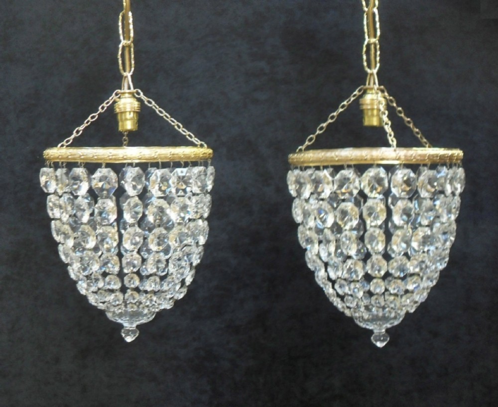 Pair of Art Deco Crystal Glass Basket Chandeliers