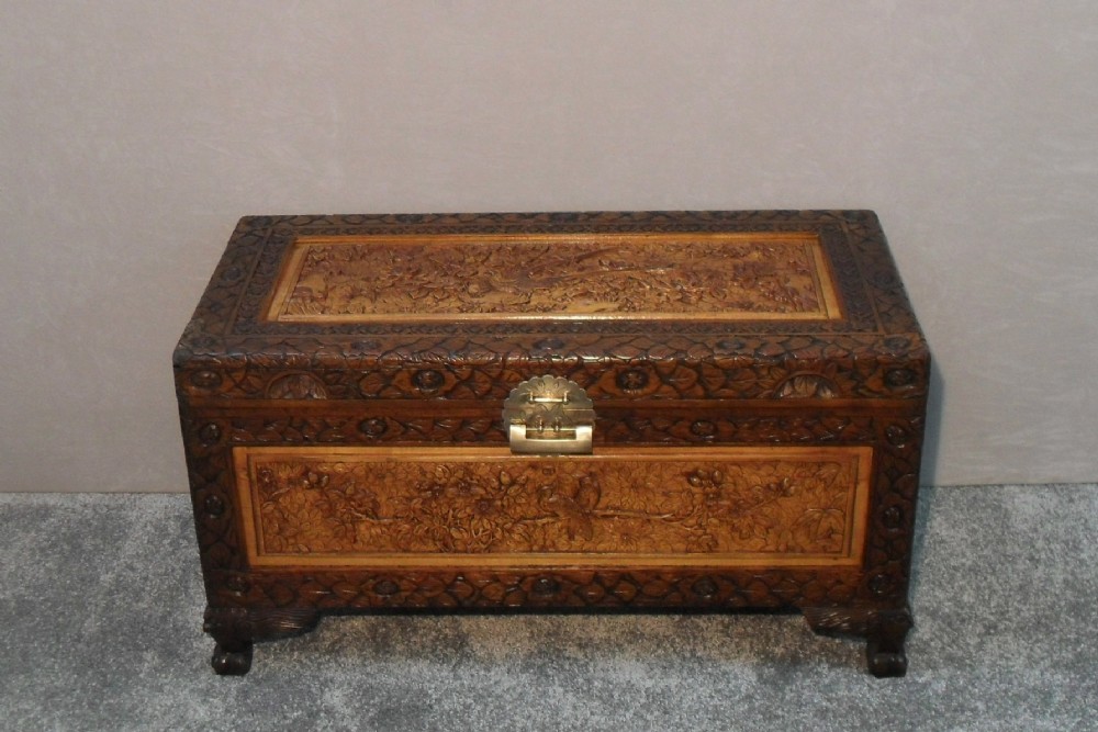 Early 20th Century Oriental Carved Camphor Wood Chest