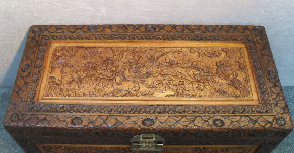 Early 20th Century Oriental Carved Camphor Wood Chest View IV