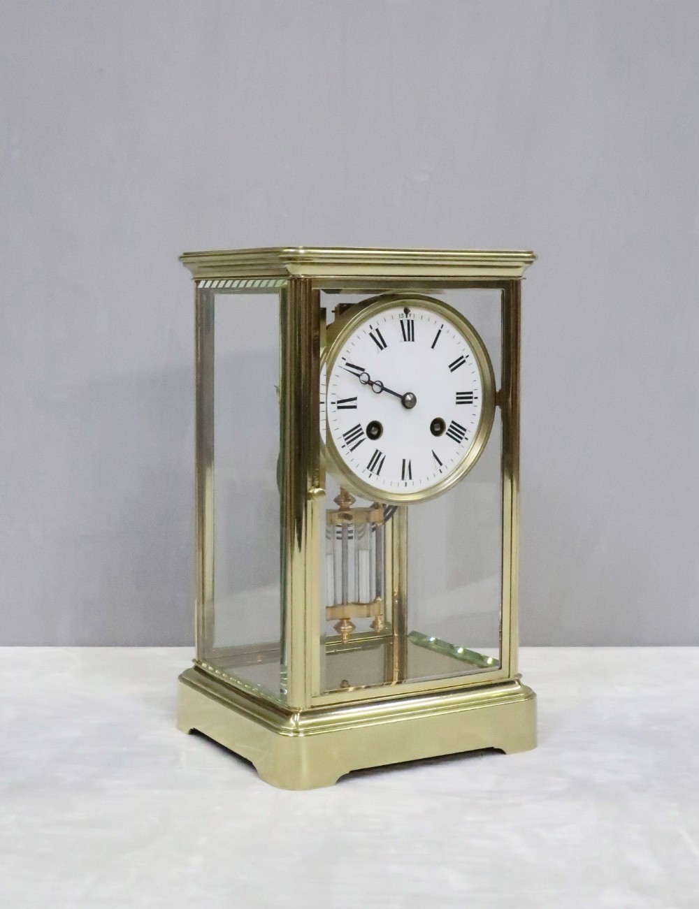 French Belle Epoque Brass Four Glass Mantel Clock