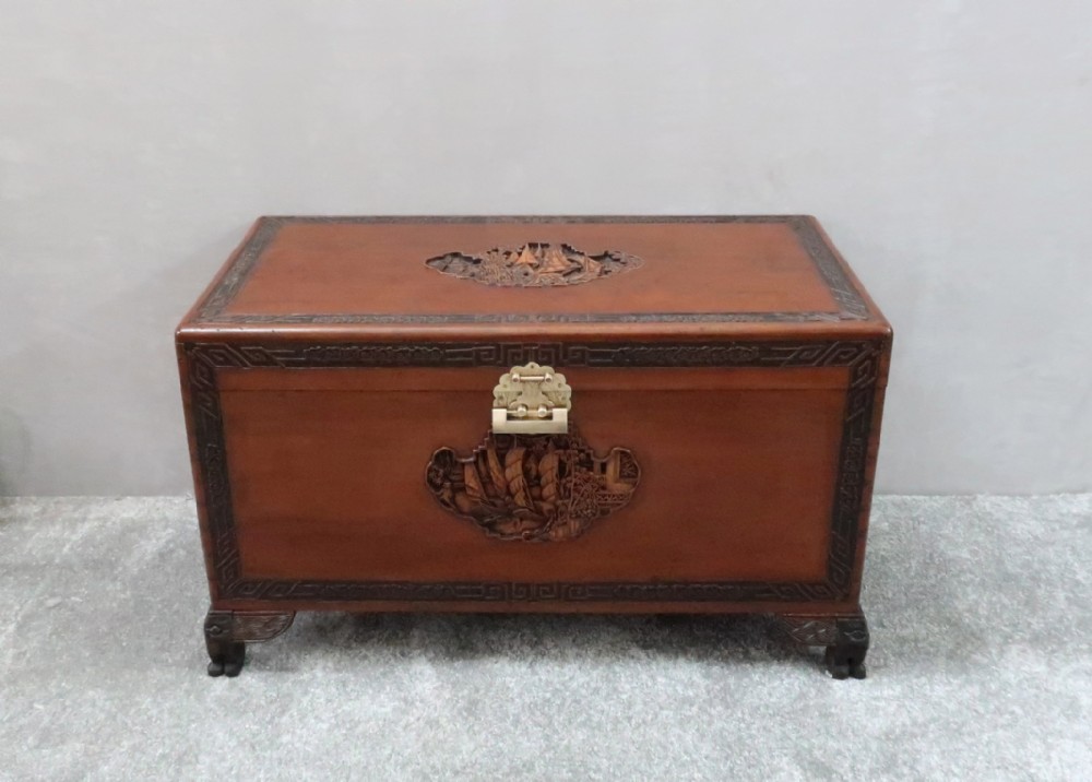 Oriental Camphor Wood and Teak Carved Chest