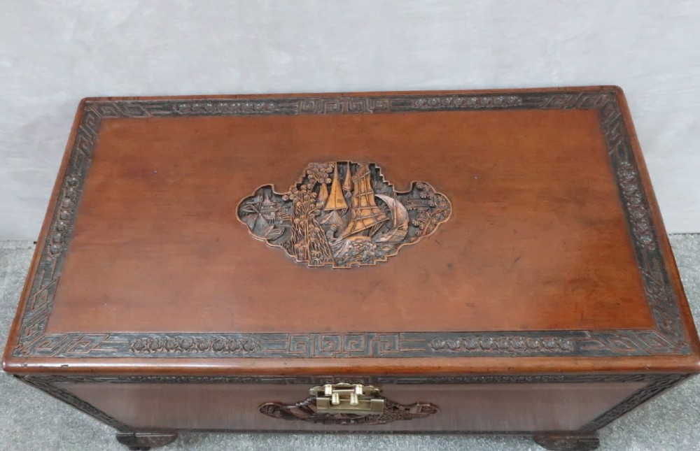 Oriental Camphor Wood and Teak Carved Chest View III
