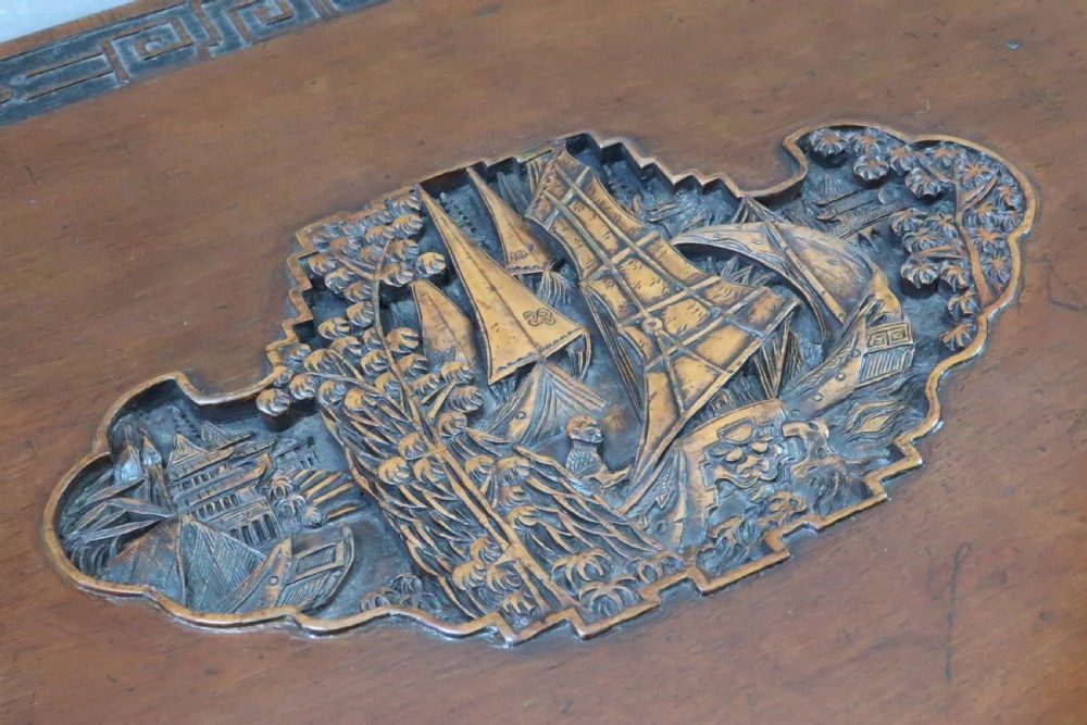 Oriental Camphor Wood and Teak Carved Chest View IV