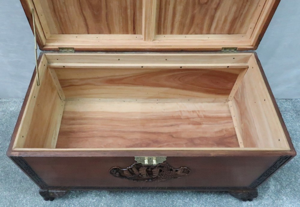 Oriental Camphor Wood and Teak Carved Chest View X