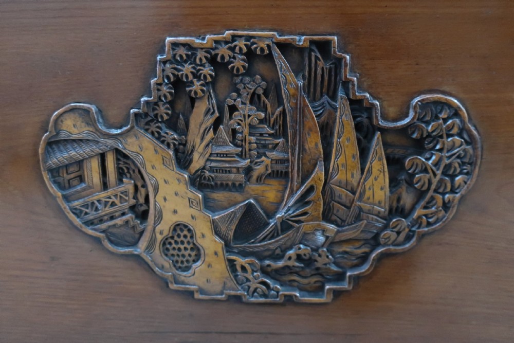 Oriental Camphor Wood and Teak Carved Chest View XIV