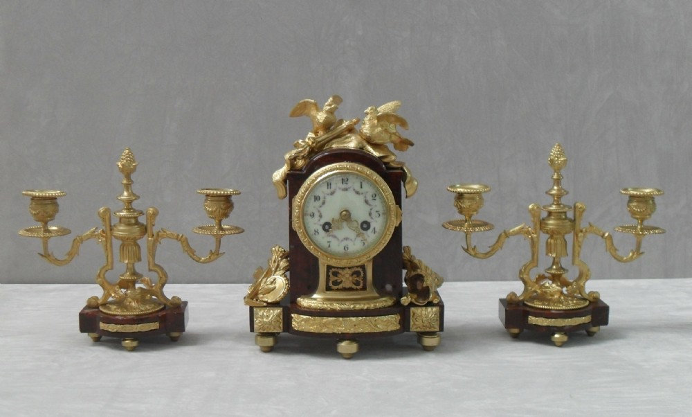 French Marble and Bronze Gilt Clock Set in Louis XIV Style