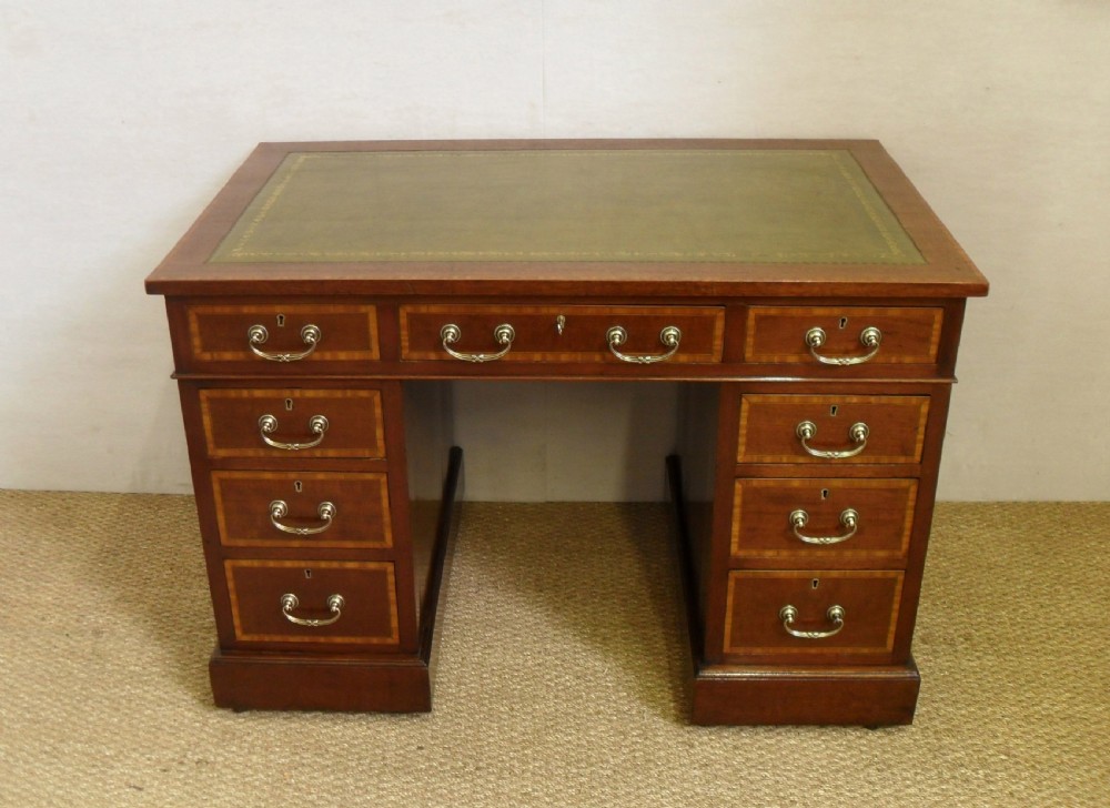 Edwardian Mahogany and Satinwood Pedestal Writing Desk