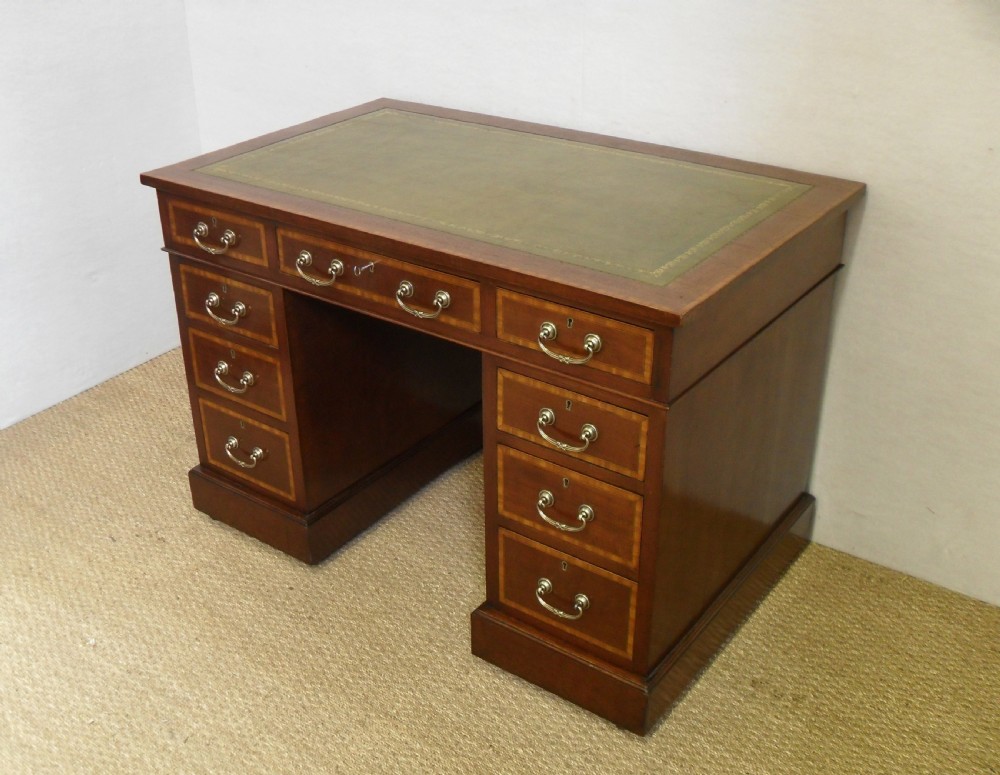 Edwardian Mahogany and Satinwood Pedestal Writing Desk View II