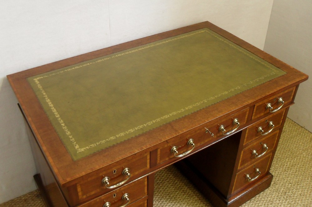Edwardian Mahogany and Satinwood Pedestal Writing Desk View III