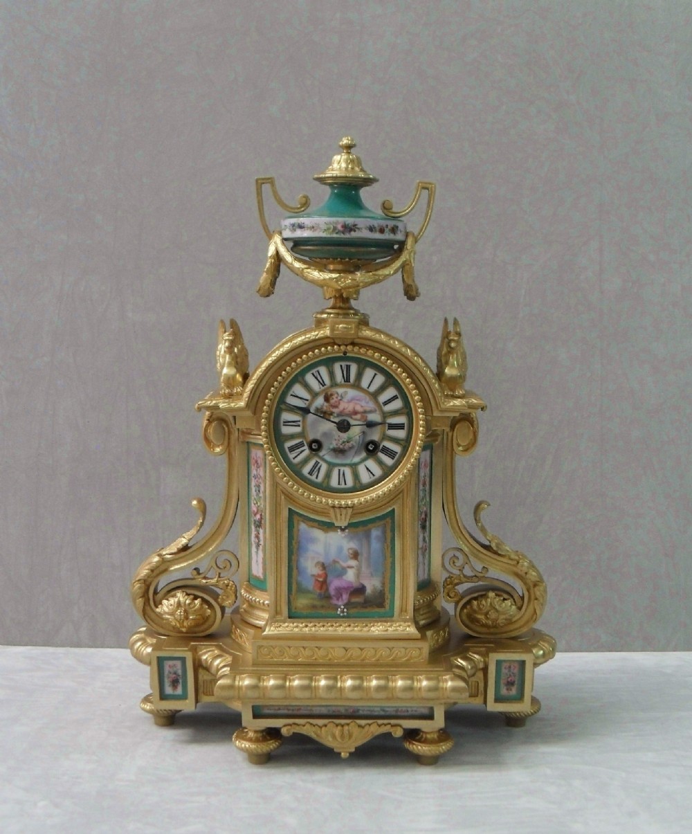 French Louis XVI Style Bronze Gilt and Porcelain Mantel Clock 