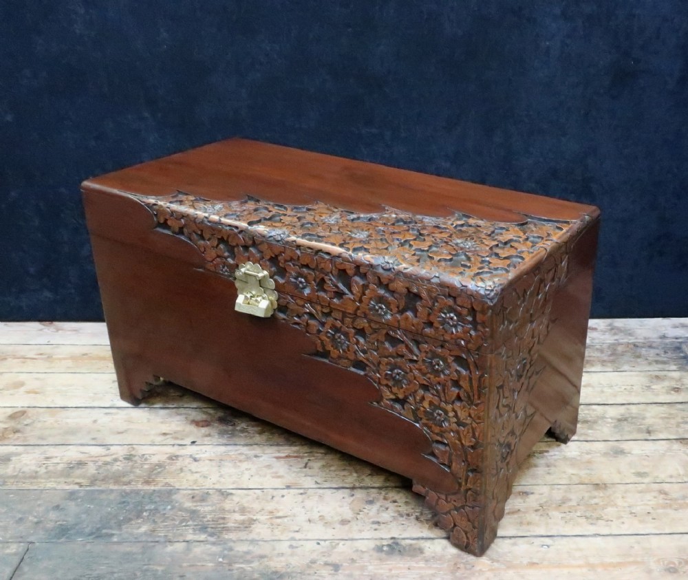Early 20th Century Oriental Carved Camphor Wood and Teak Chest