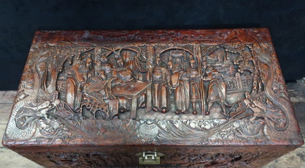 Early 20th Century Oriental Camphor Wood Carved Chest View II