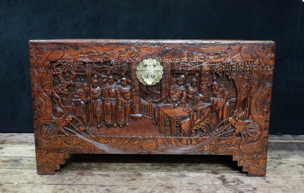 Early 20th Century Oriental Camphor Wood Carved Chest View X