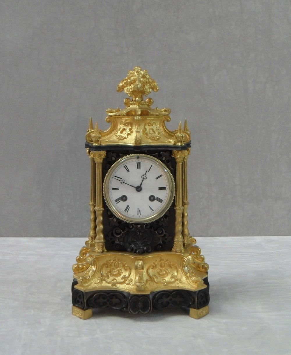 French Gothic Revival Bronze and Bronze Gilt Mantel Clock