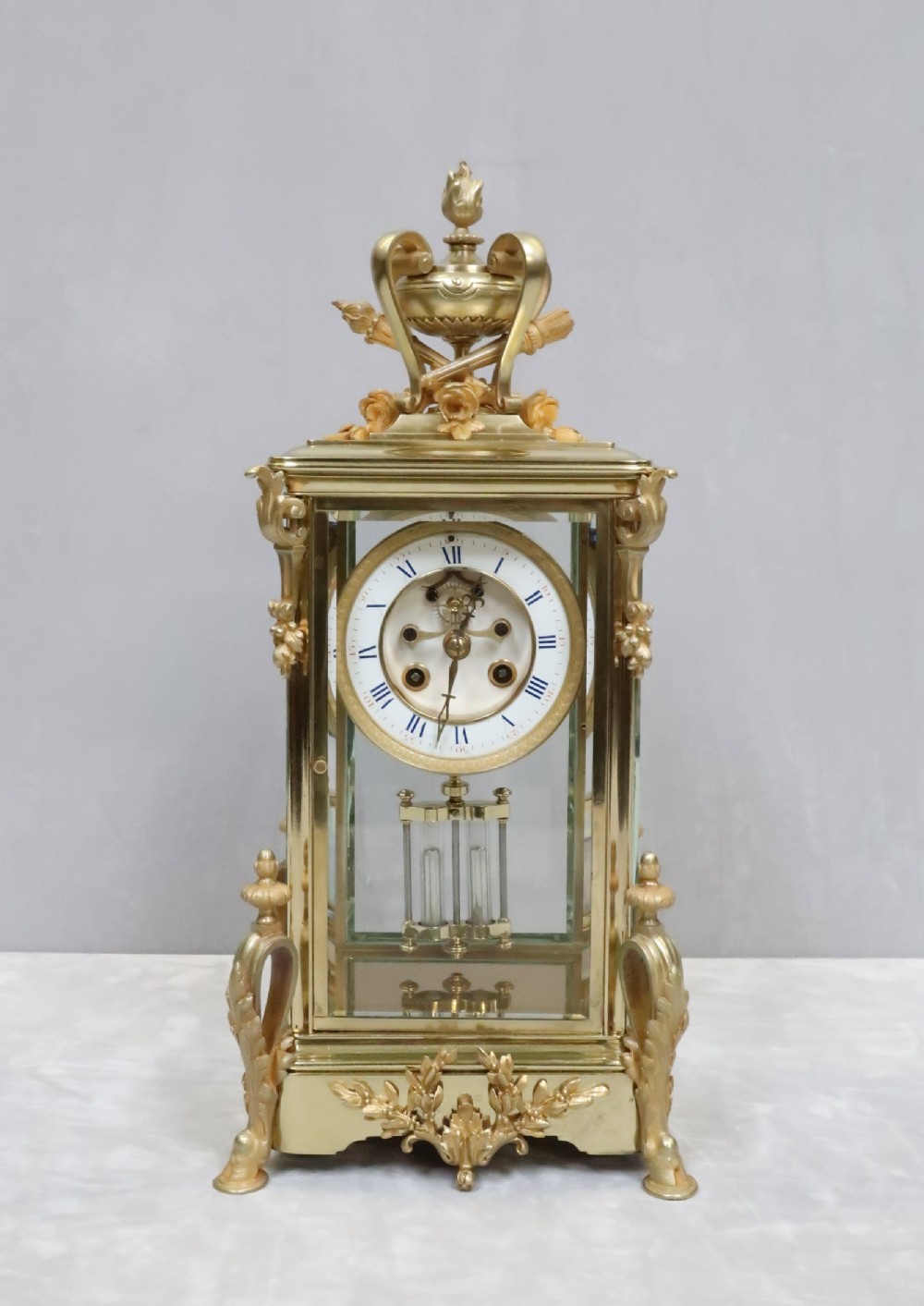 French Belle Epoque Brass Four Glass Mantel Clock