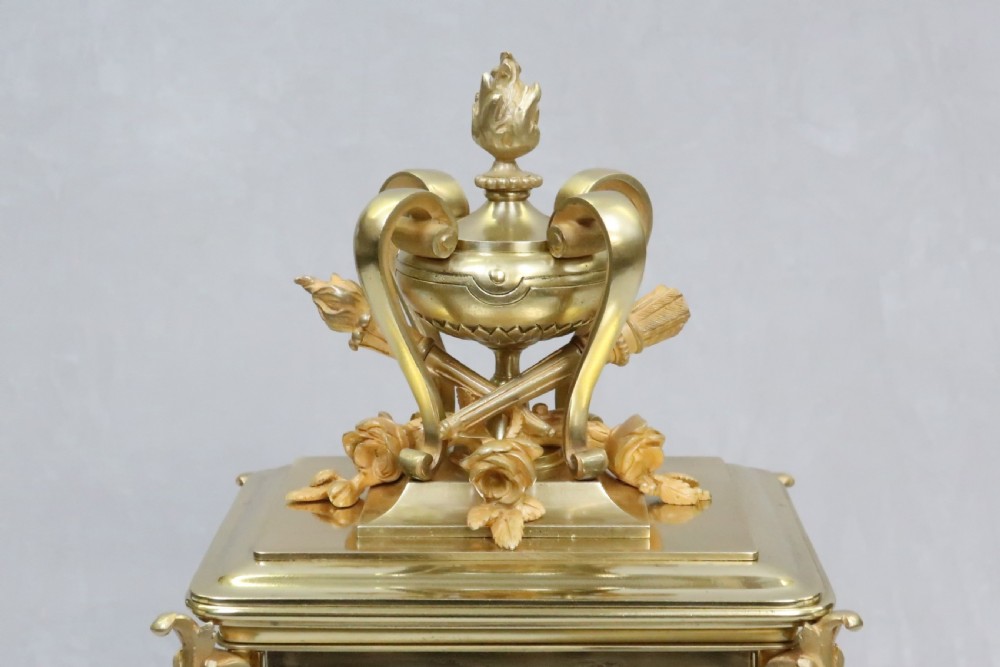 French Belle Epoque Brass Four Glass Mantel Clock View V