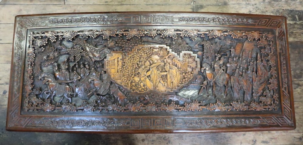Oriental Camphor Wood and Maple Carved Chest View III
