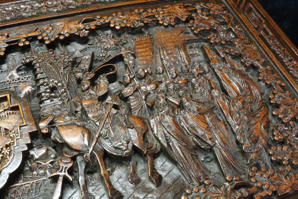 Oriental Camphor Wood and Maple Carved Chest View IV