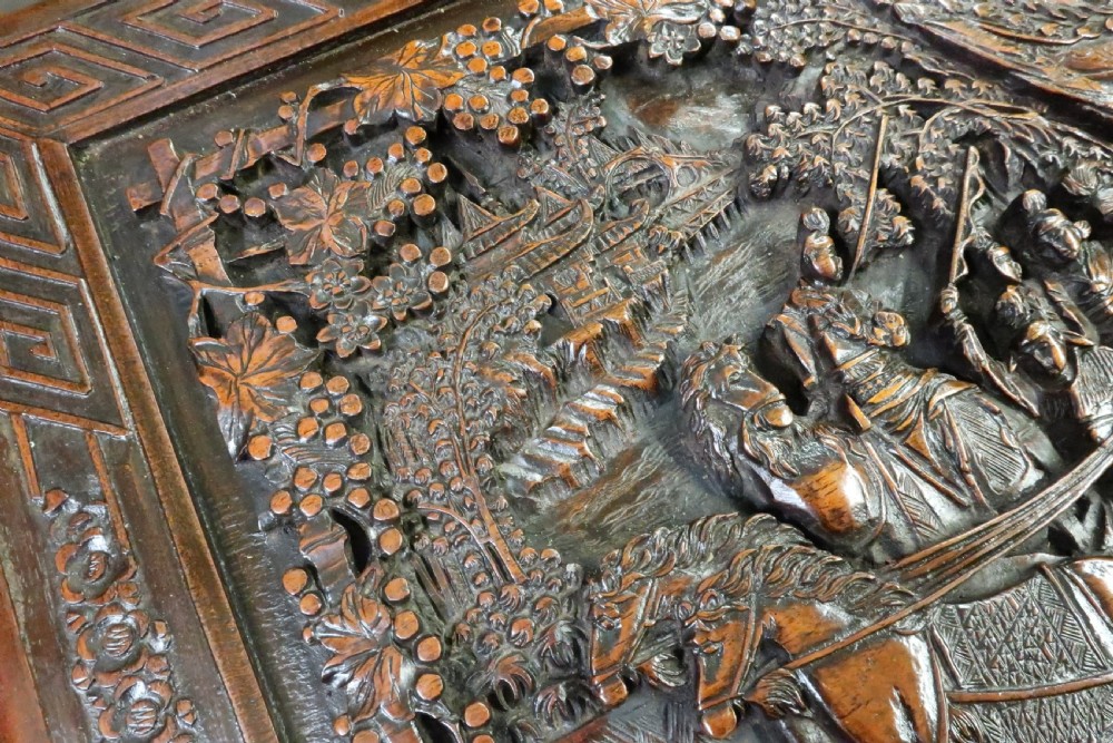 Oriental Camphor Wood and Maple Carved Chest View VI