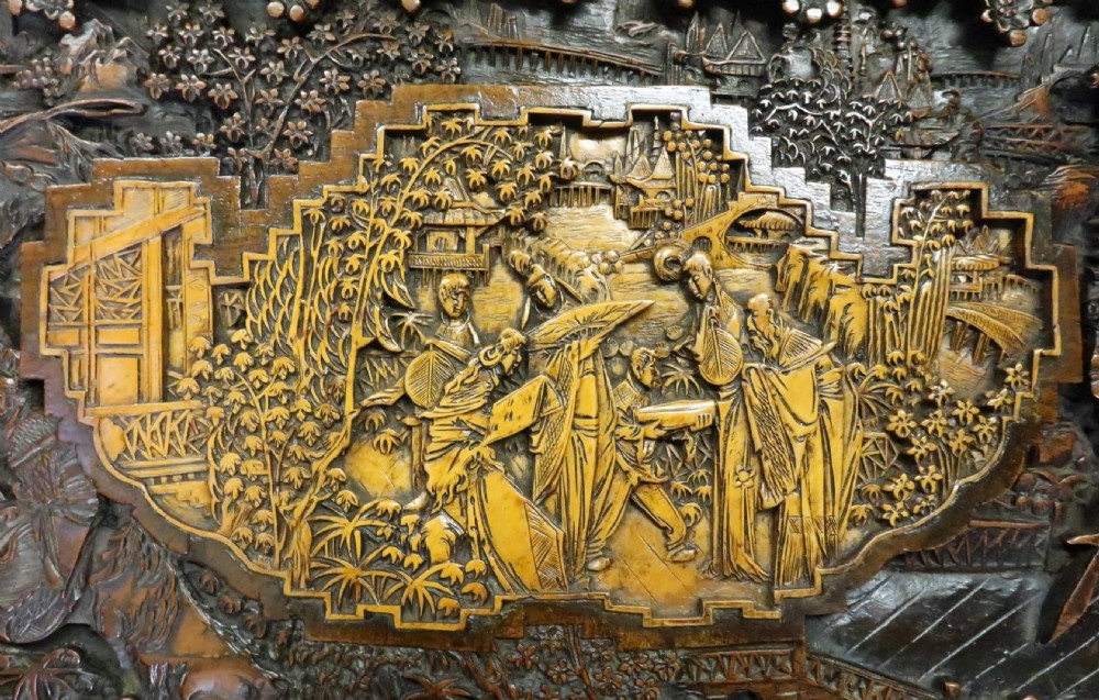 Oriental Camphor Wood and Maple Carved Chest View VII
