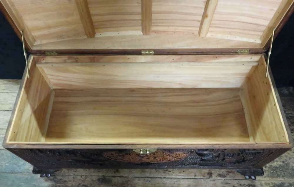 Oriental Camphor Wood and Maple Carved Chest View XIX