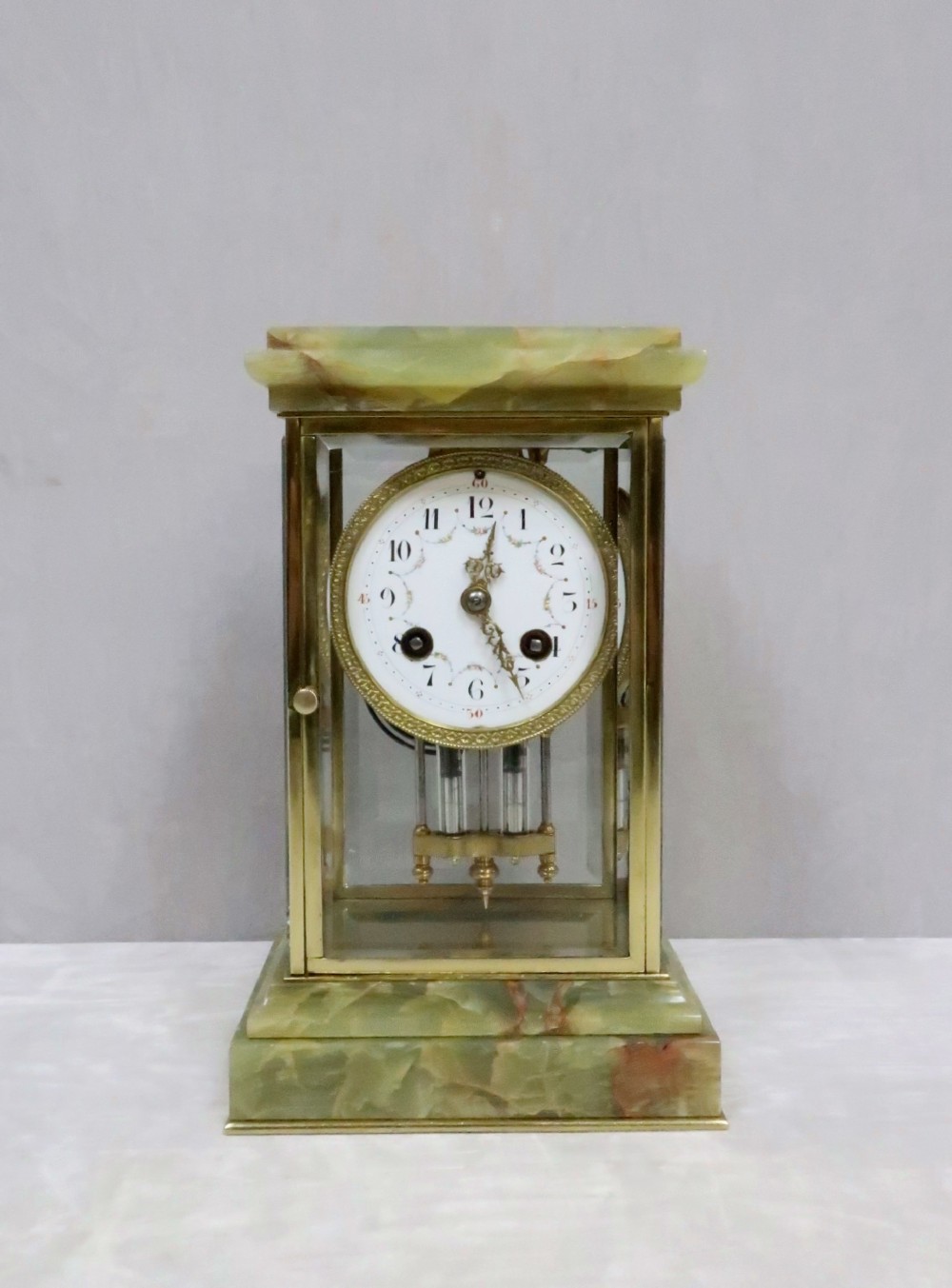 French Onyx and Brass Four Glass Mantel Clock by Samuel Marti