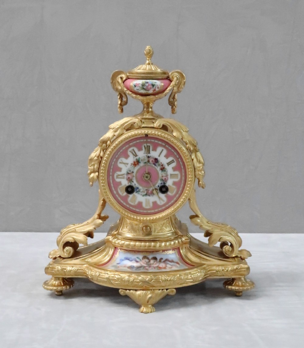 French Napoleon III Bronze Gilt and Porcelain Mantel Clock by Vincenti