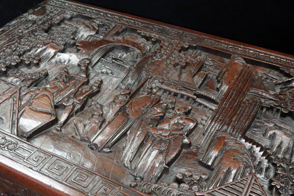 Early 20th Century Oriental Camphor Wood and Teak Carved Chest View IV