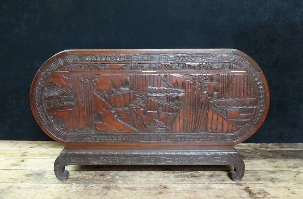 Early 20th Century Oriental Camphor Wood and Teak Carved Chest View XI
