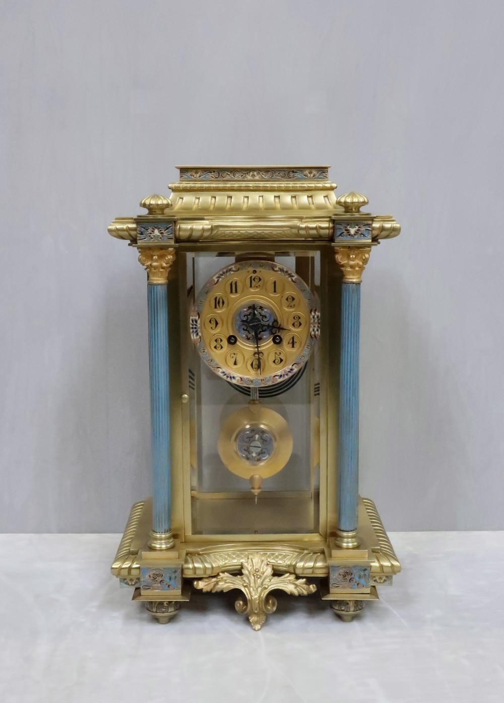 French Four Glass, Brass and Champleve Mantel Clock by Vincenti