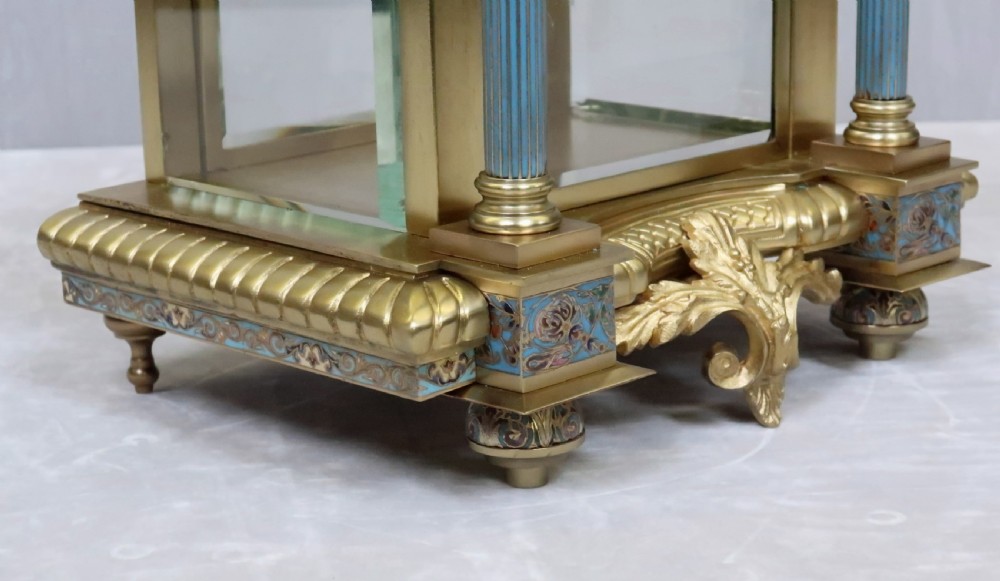 French Four Glass, Brass and Champleve Mantel Clock by Vincenti View IV