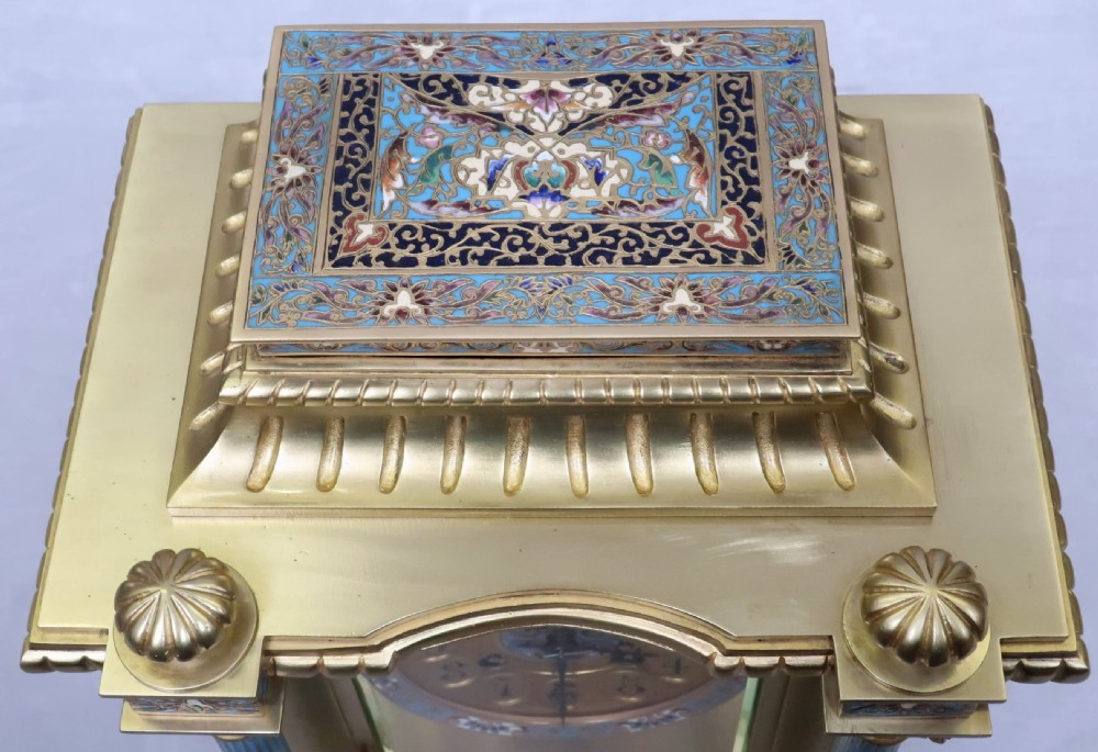 French Four Glass, Brass and Champleve Mantel Clock by Vincenti View V