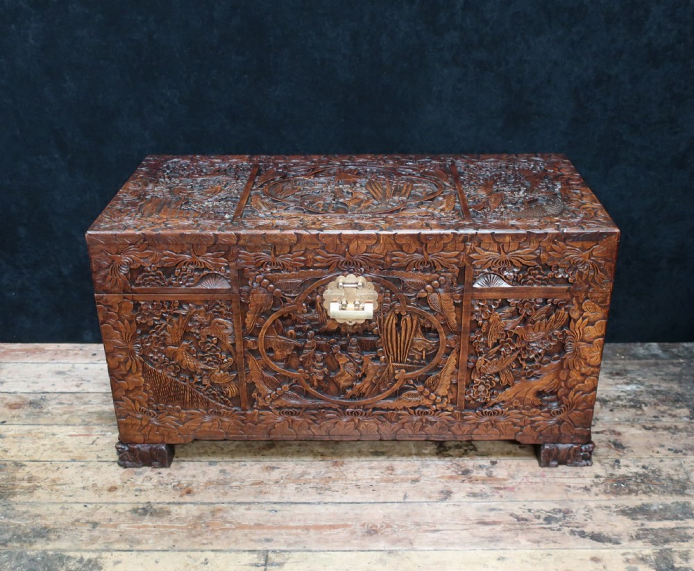 Early 20th Century Oriental Carved Camphor Wood Chest
