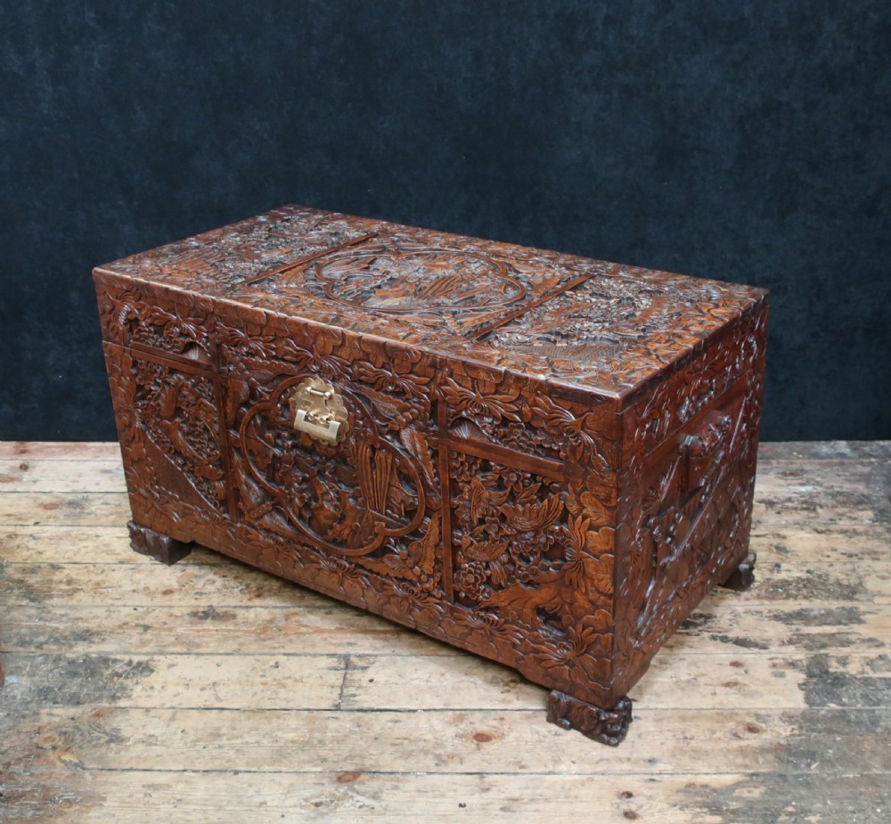 Early 20th Century Oriental Carved Camphor Wood Chest View II