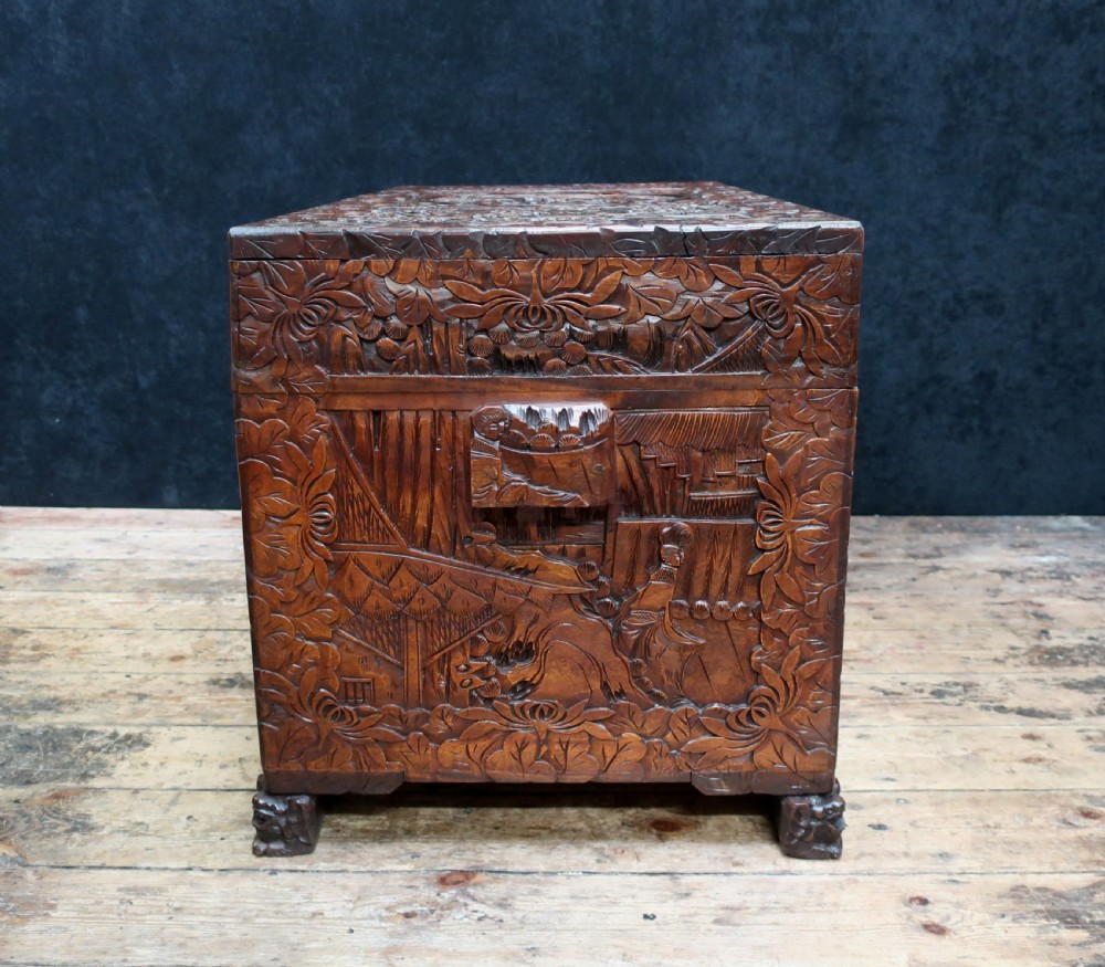 Early 20th Century Oriental Carved Camphor Wood Chest View IX