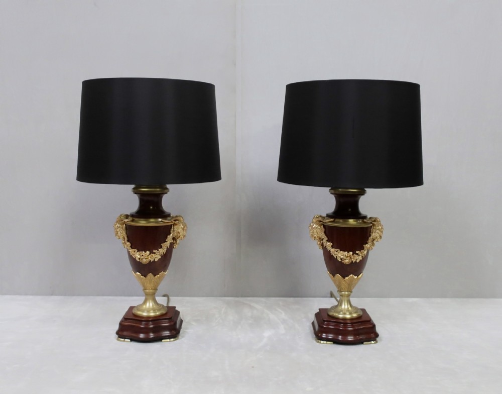 Pair of French Mahogany and Bronze Gilt Table Lamps