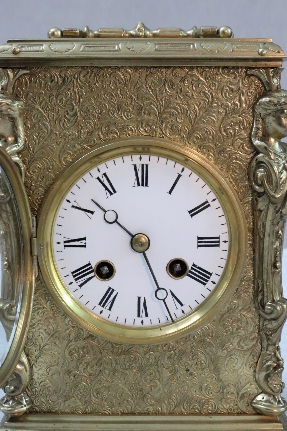 French Belle Epoque Decorative Brass Mantel Clock by Japy Freres View IV