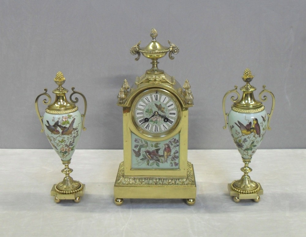 French Belle Epoque Brass and Porcelain Clock Set