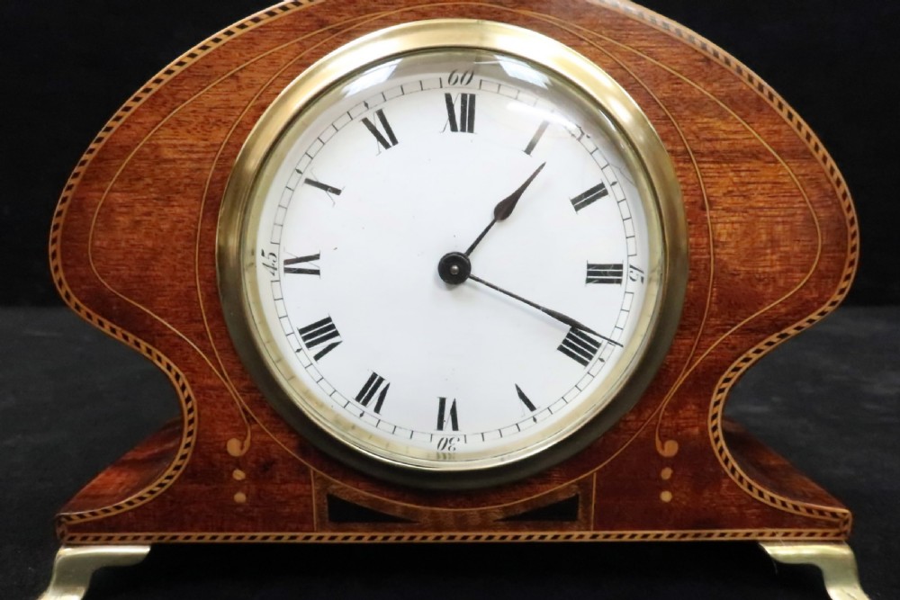 French Art Nouveau Mahogany Inlaid Timepiece Mantel Clock View III