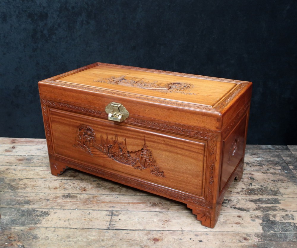 Early 20th Century Oriental Carved Teak and Camphor Wood Chest