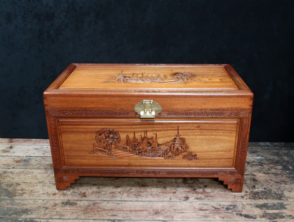 Early 20th Century Oriental Carved Teak and Camphor Wood Chest View II