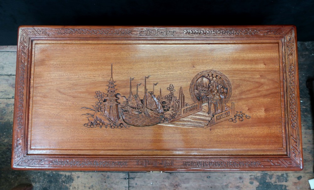 Early 20th Century Oriental Carved Teak and Camphor Wood Chest View III